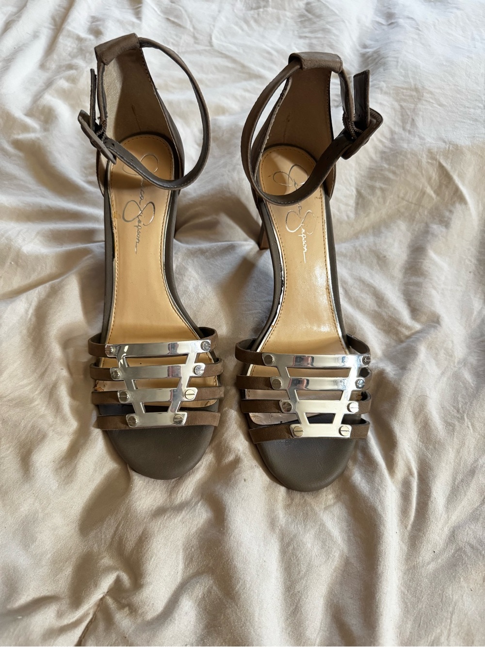 Jessica Simpson Taupe Brown Strappy Heels with Silver Plating